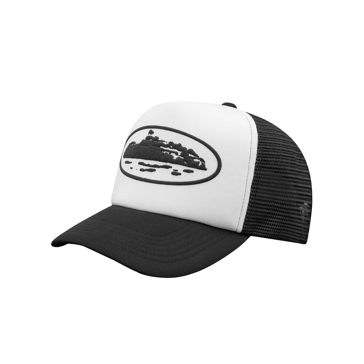 ISLAND PUFF PRINT TRUCKER HAT [WHITE/BLACK]__streetdrip.top