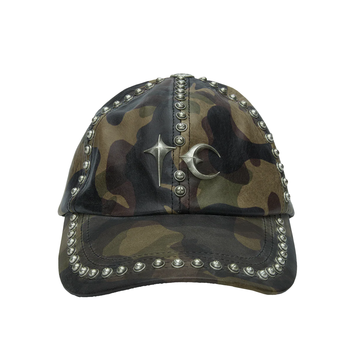 Studded Camo Leather Cap__streetdrip.top